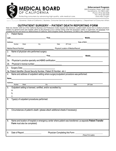 Outpatient Surgery - Patient Death Reporting Form - California Download Pdf