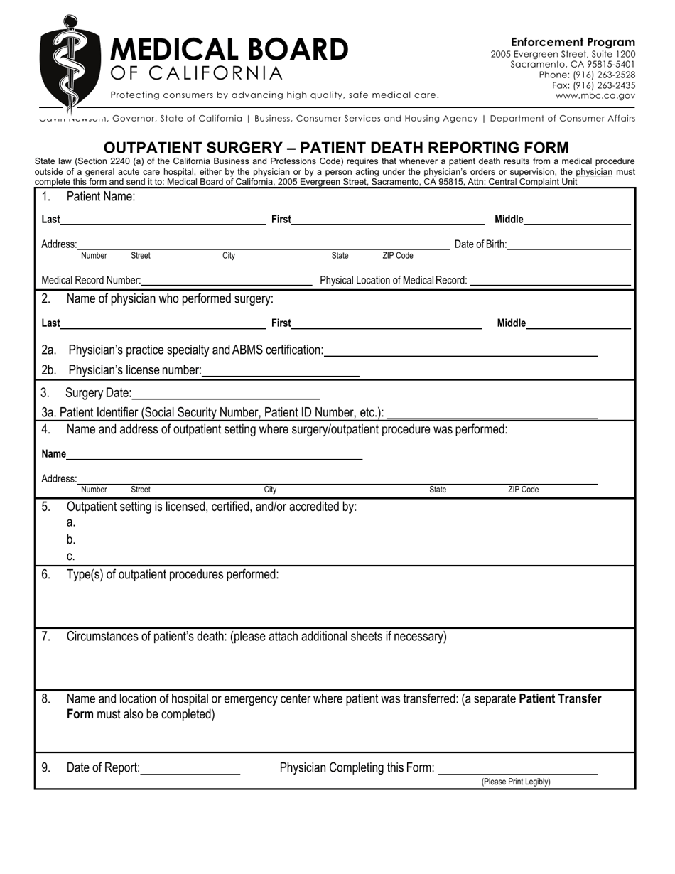 Outpatient Surgery - Patient Death Reporting Form - California, Page 1