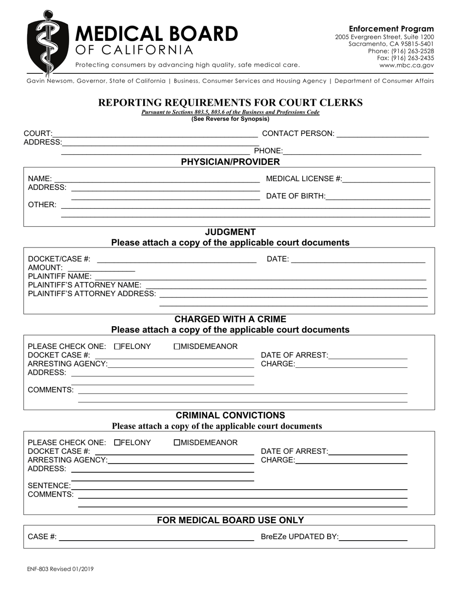 Form ENF-803 Reporting Requirements for Court Clerks - California, Page 1