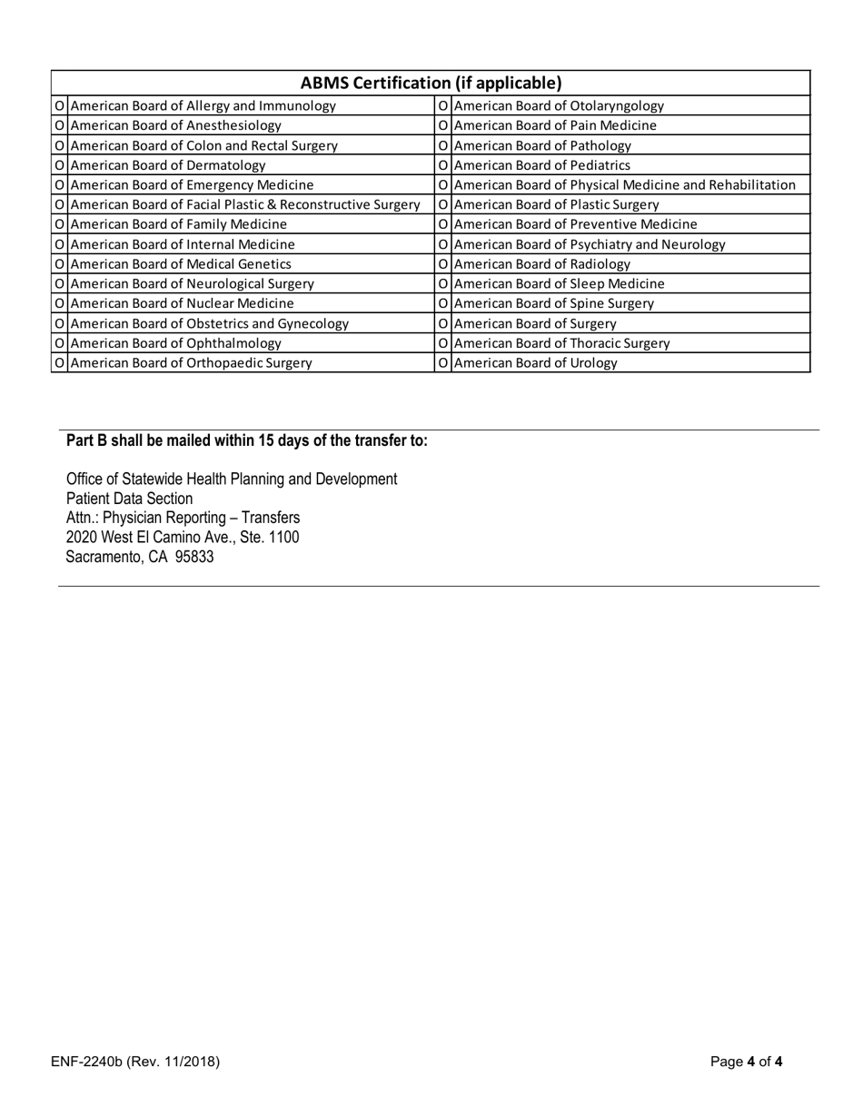 Form ENF-2240B Patient Transfer Reporting Form - California, Page 4