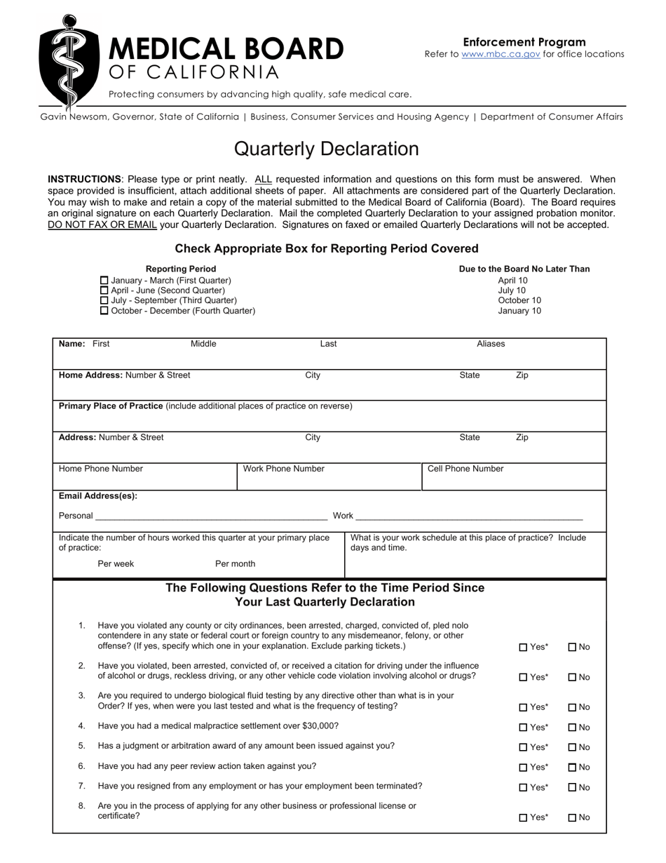 Form PRO-15 Quarterly Declaration - California, Page 1