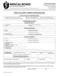 Form ENF-801 &quot;Report of Settlement, Judgment or Arbitration Award&quot; - California