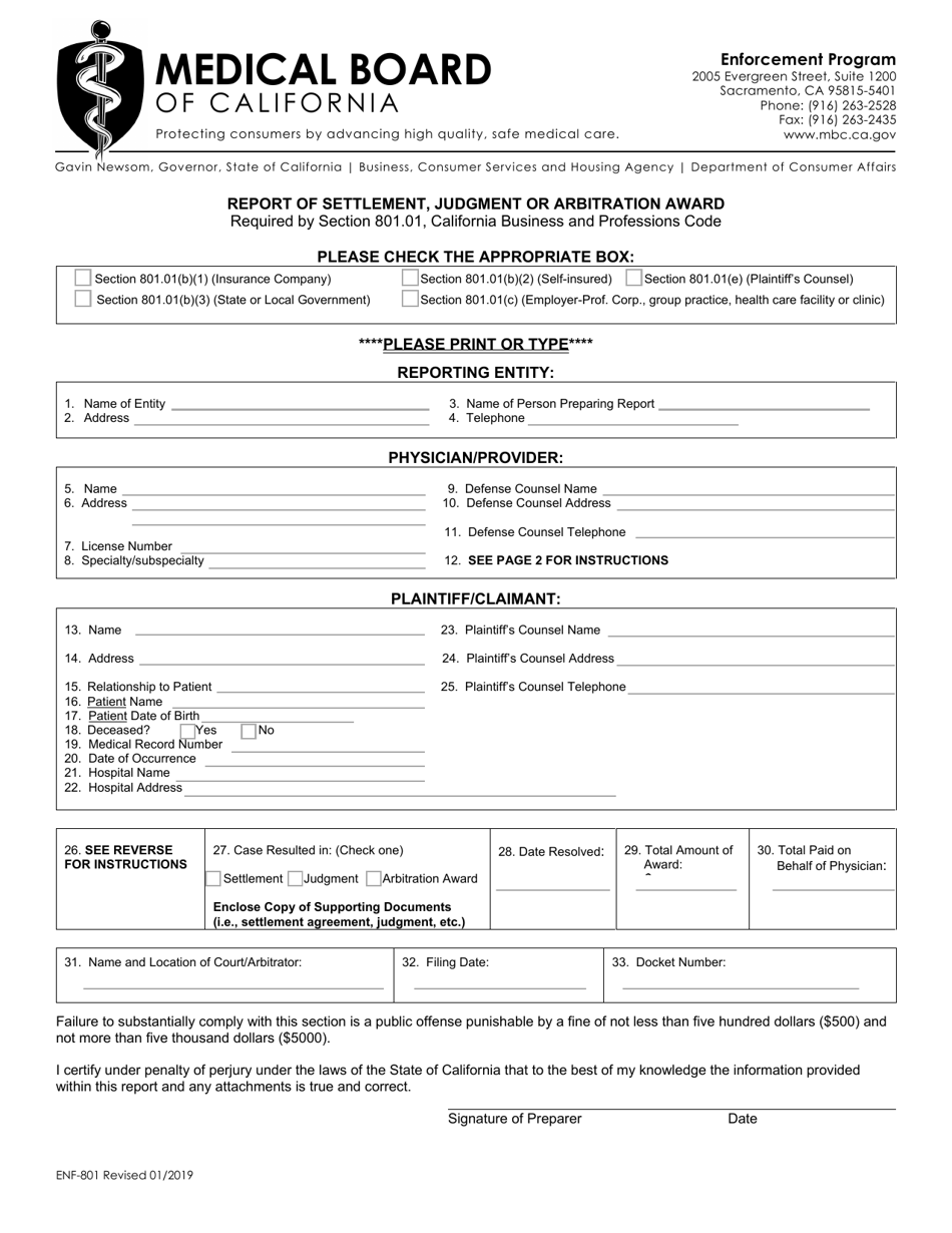 Form ENF801 Fill Out, Sign Online and Download Fillable PDF