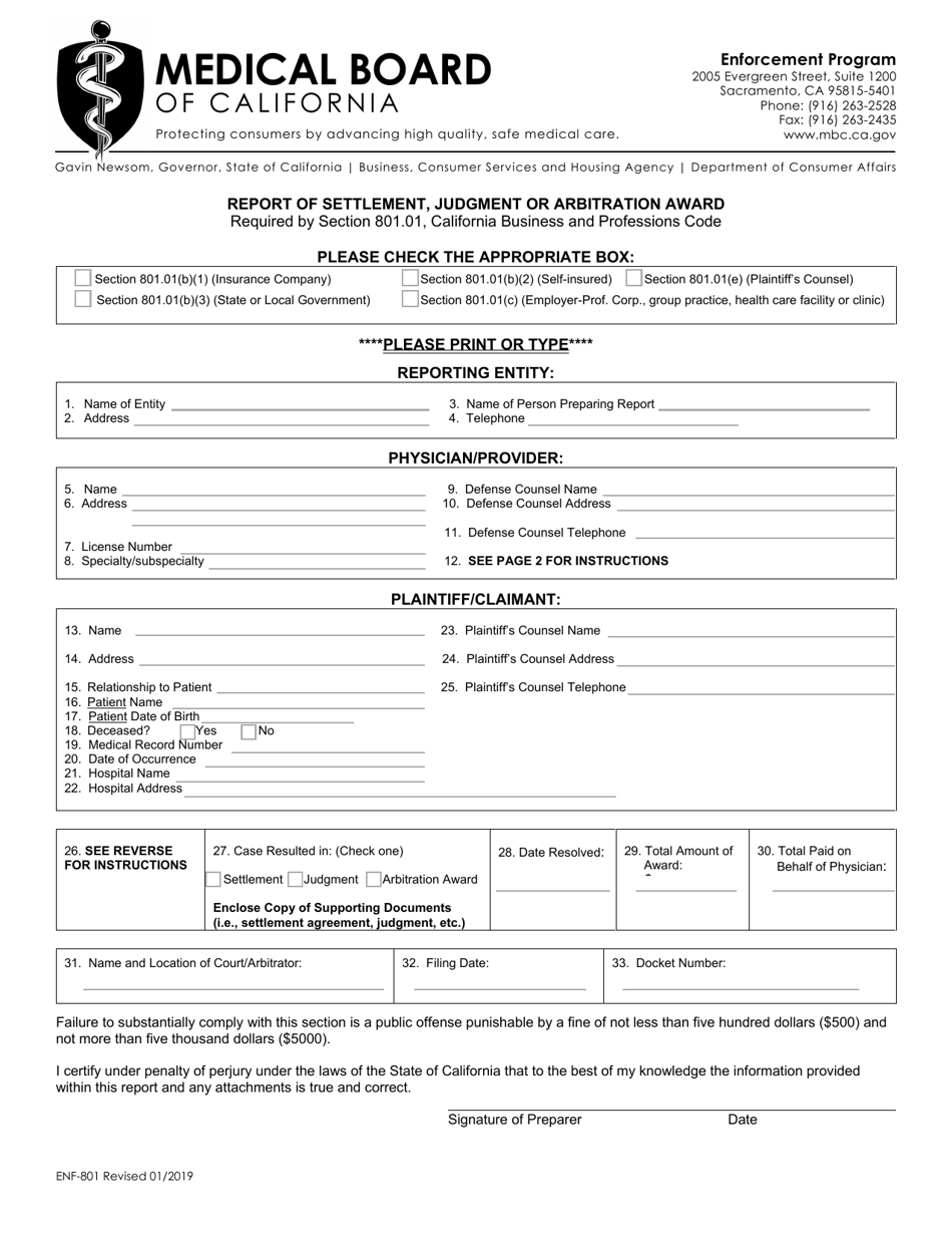 Form ENF-801 Report of Settlement, Judgment or Arbitration Award - California, Page 1