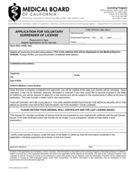 Form 07R-26 &quot;Application for Voluntary Surrender of License&quot; - California