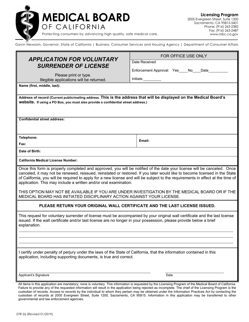 Form 07R-26 Application for Voluntary Surrender of License - California, Page 1