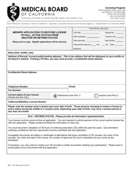 Form RES-1 MW Midwife Application to Restore License to Full, Active Status From Inactive or Retired Status - California