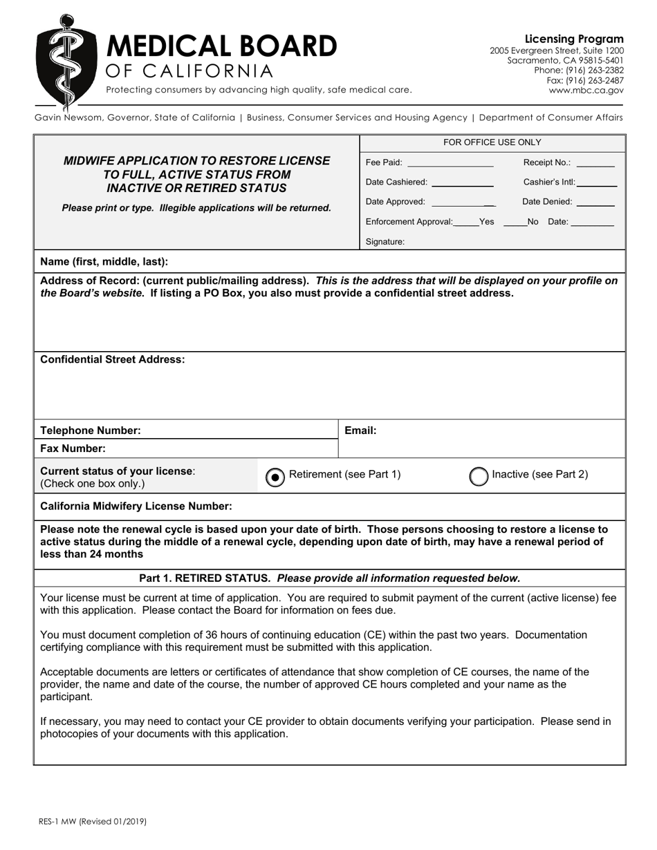 Form RES-1 MW Midwife Application to Restore License to Full, Active Status From Inactive or Retired Status - California, Page 1