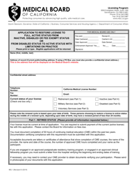 Form RES-1 &quot;Application to Restore License to Full, Active Status From Inactive, Disabled or Fee Exempt Status or From Disabled Status to Active Status With Limitations on Practice&quot; - California