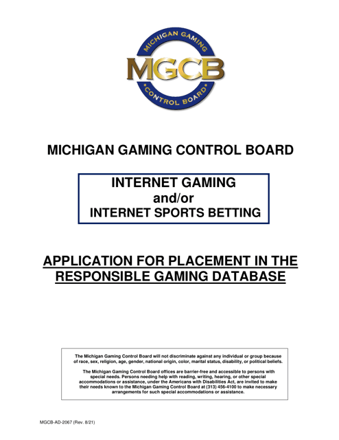Form MGCB-AD-2067 Application for Placement in the Responsible Gaming Database - Michigan