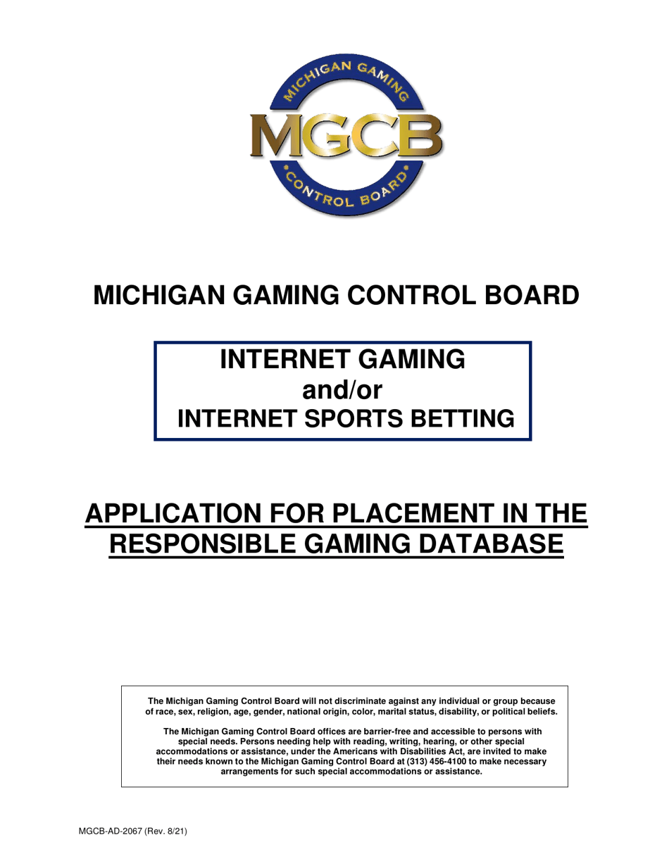 Form MGCB-AD-2067 Application for Placement in the Responsible Gaming Database - Michigan, Page 1