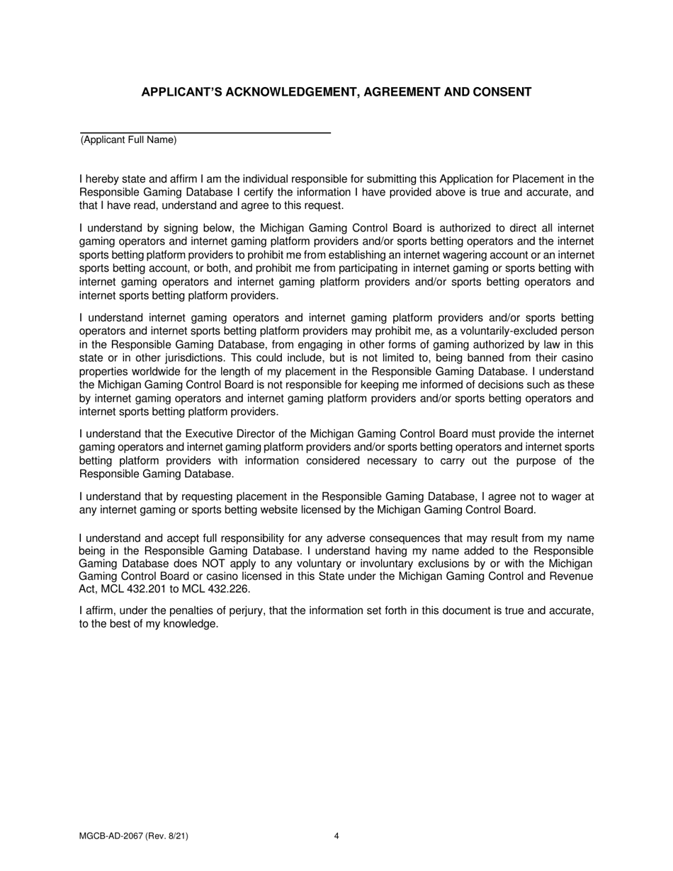 Form MGCBAD2067 Download Fillable PDF or Fill Online Application for Placement in the