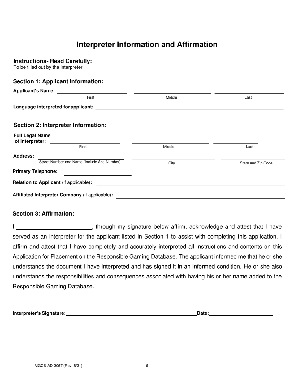 Form MGCBAD2067 Download Fillable PDF or Fill Online Application for Placement in the