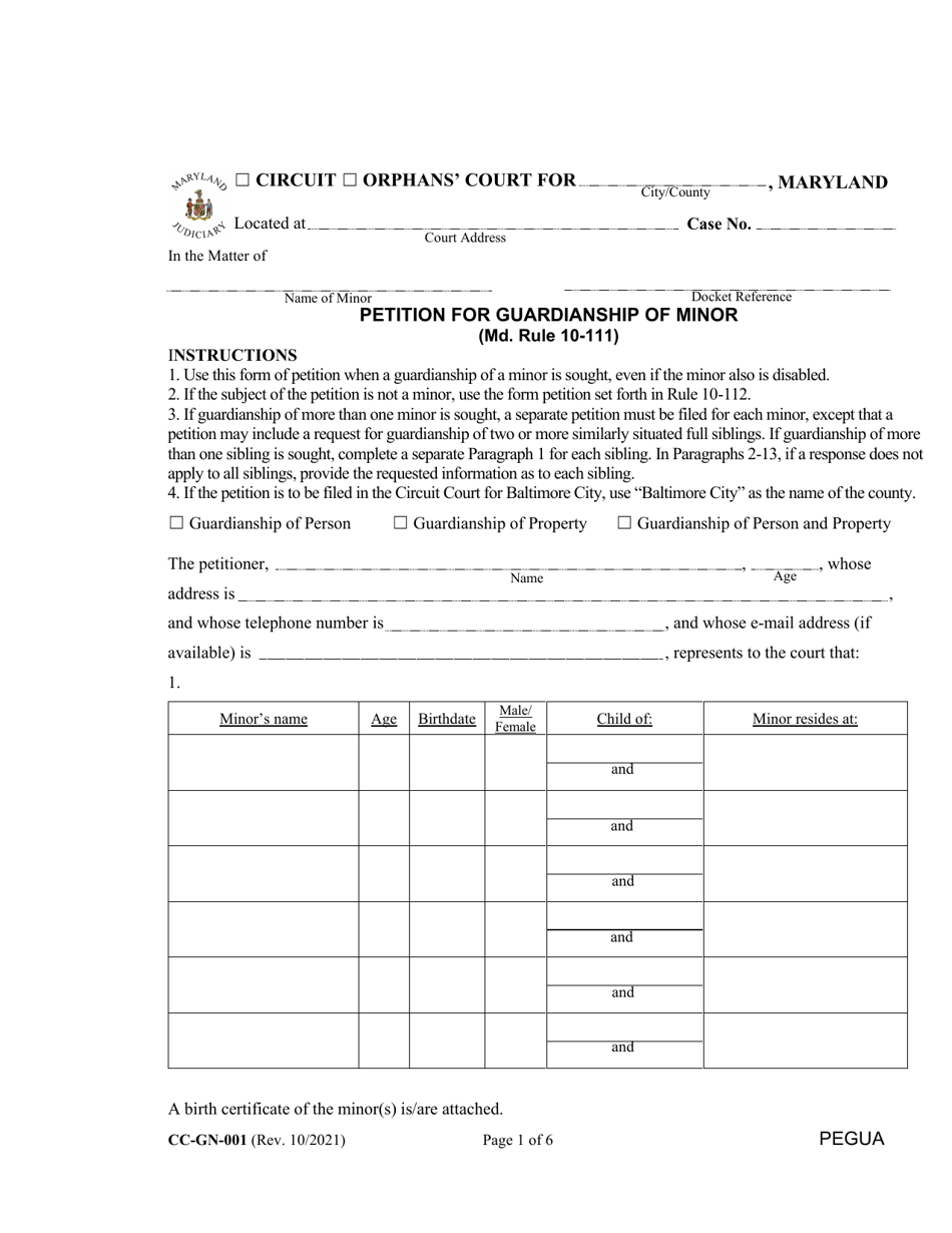Form CC-GN-001 Petition for Guardianship of Minor - Maryland, Page 1