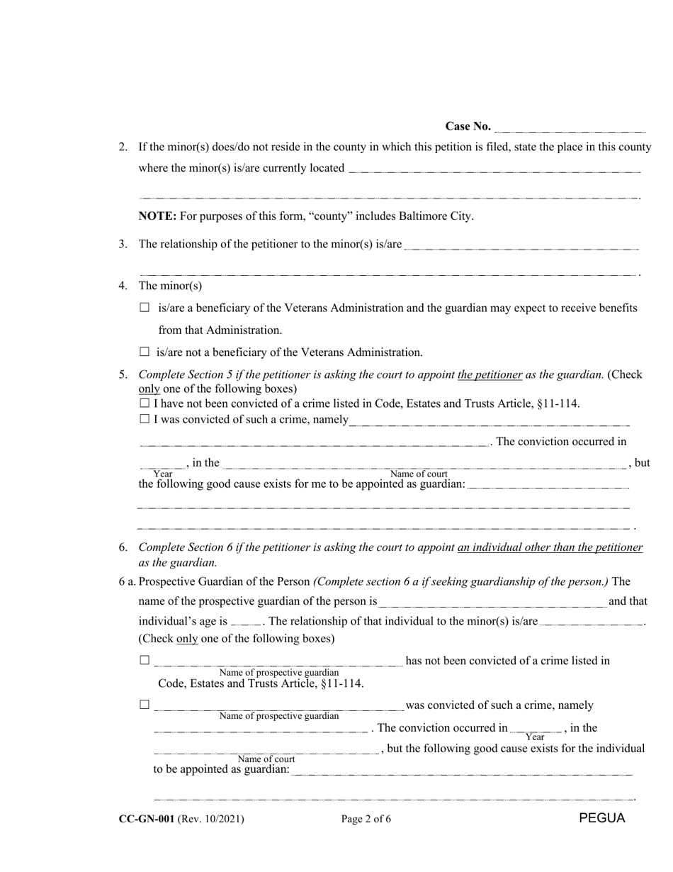 Form CC-GN-001 Petition for Guardianship of Minor - Maryland, Page 2