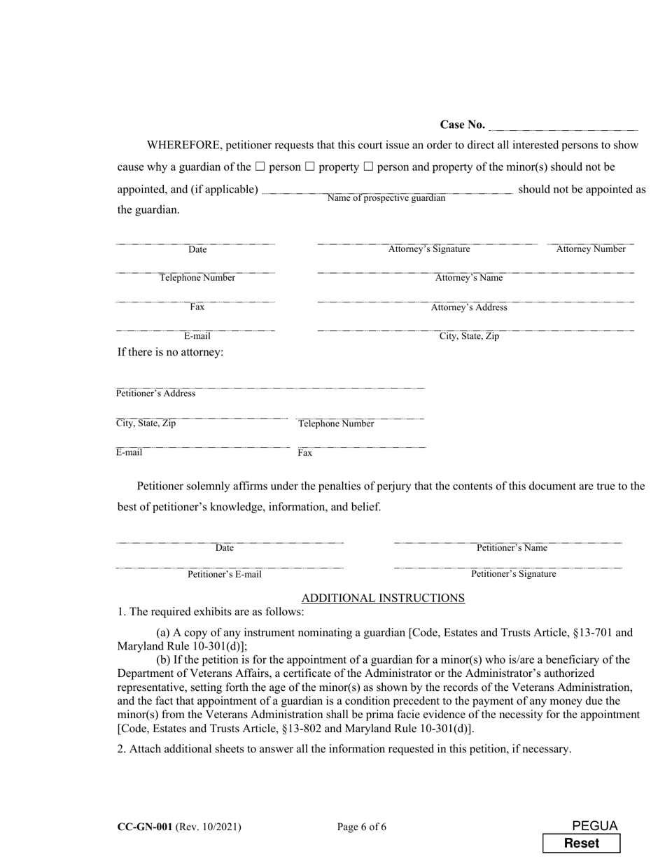 Form CC-GN-001 Petition for Guardianship of Minor - Maryland, Page 6
