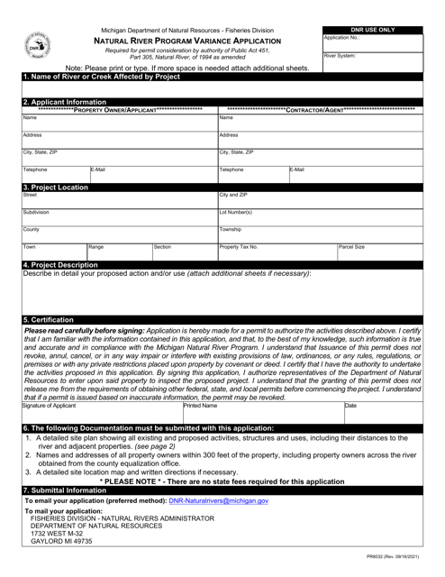 Form PR8032 Natural River Program Variance Application - Michigan