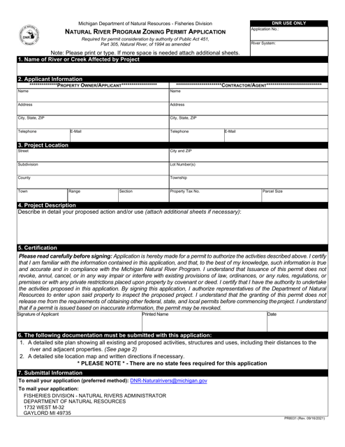 Form PR8031 Natural River Program Zoning Permit Application - Michigan