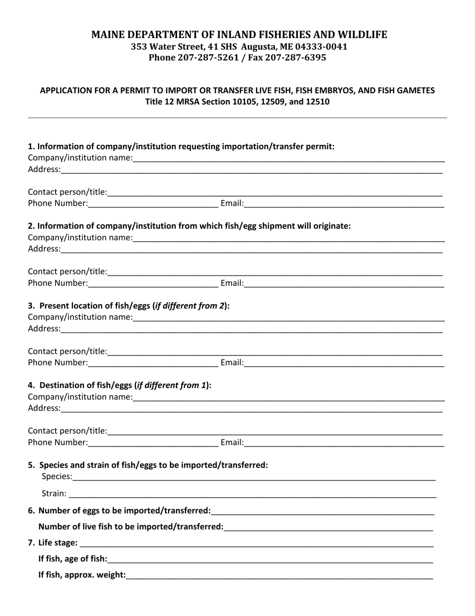 Maine Application for a Permit to Import or Transfer Live Fish, Fish ...