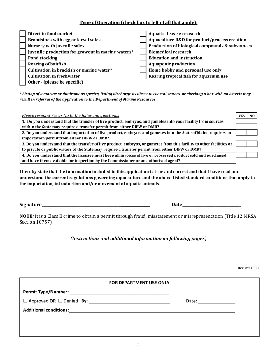 Application for a License to Cultivate or Sell Comercially Grown and Imported Fish - Maine, Page 2