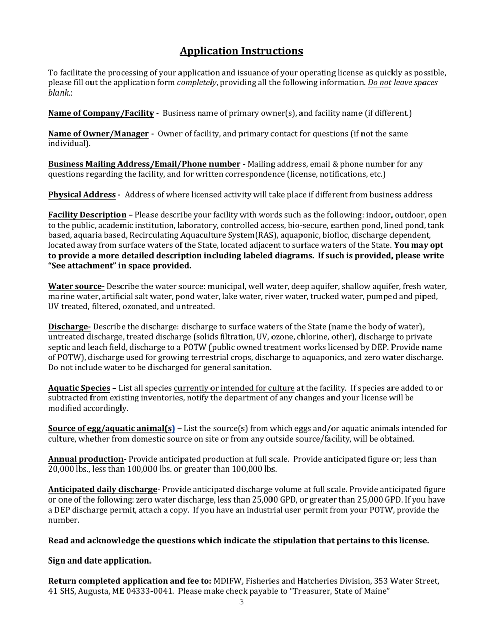 Application for a License to Cultivate or Sell Comercially Grown and Imported Fish - Maine, Page 3
