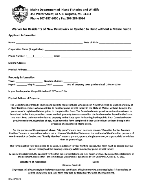 Waiver for Residents of New Brunswick or Quebec to Hunt Without a Maine Guide - Maine Download Pdf