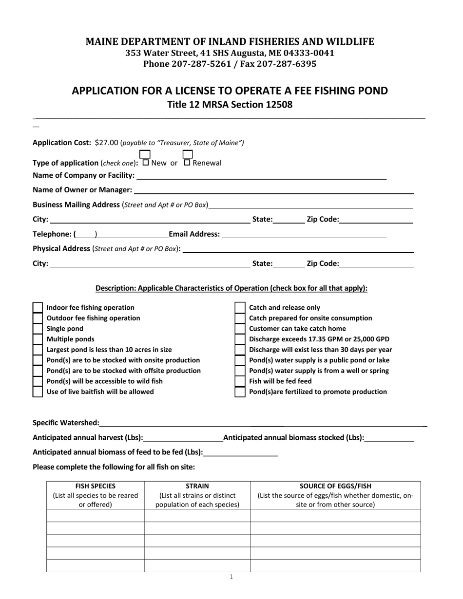 Application for a License to Operate a Fee Fishing Pond - Maine, Page 1