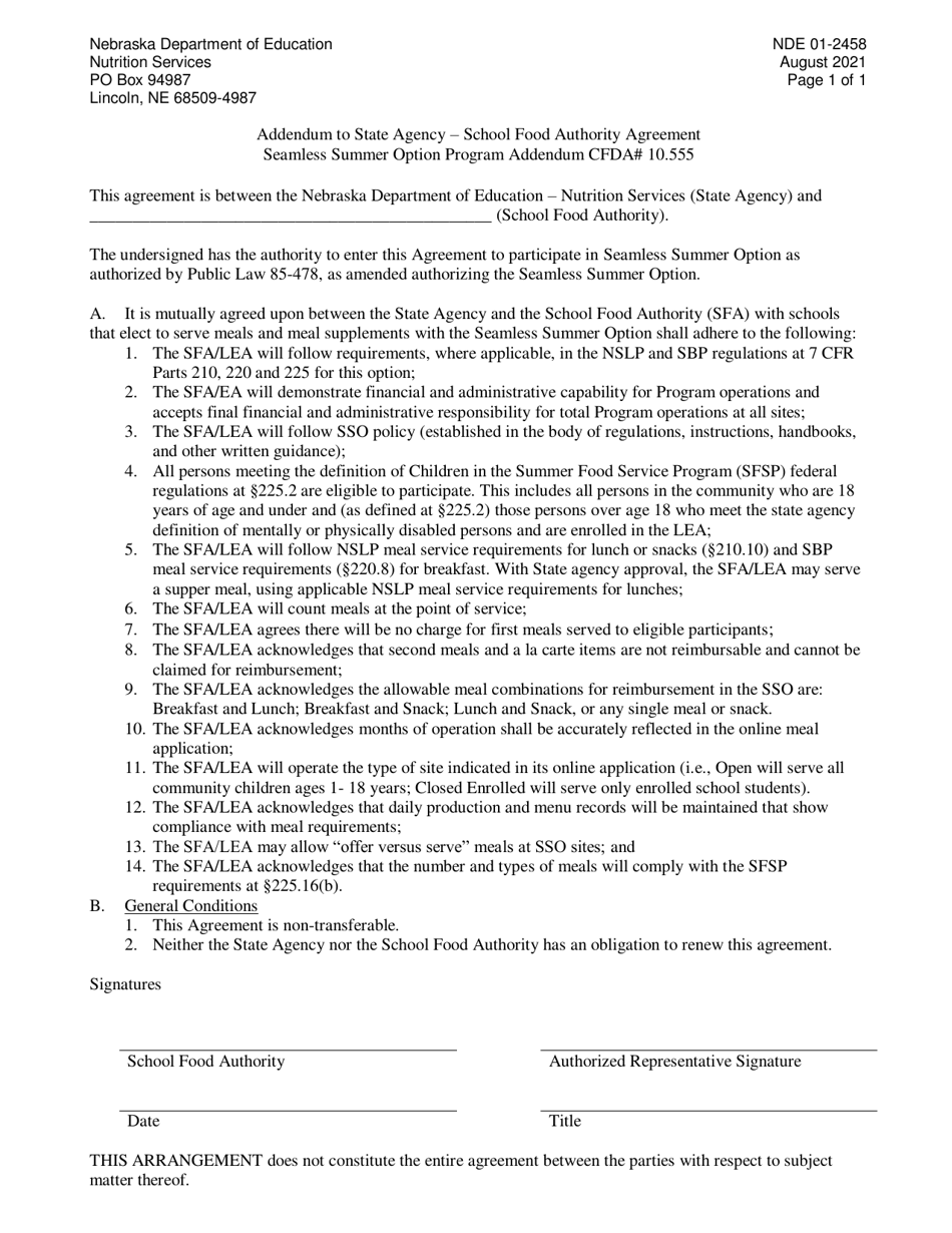 Form NDE01-2458 Addendum to State Agency - School Food Authority Agreement - Nebraska, Page 1