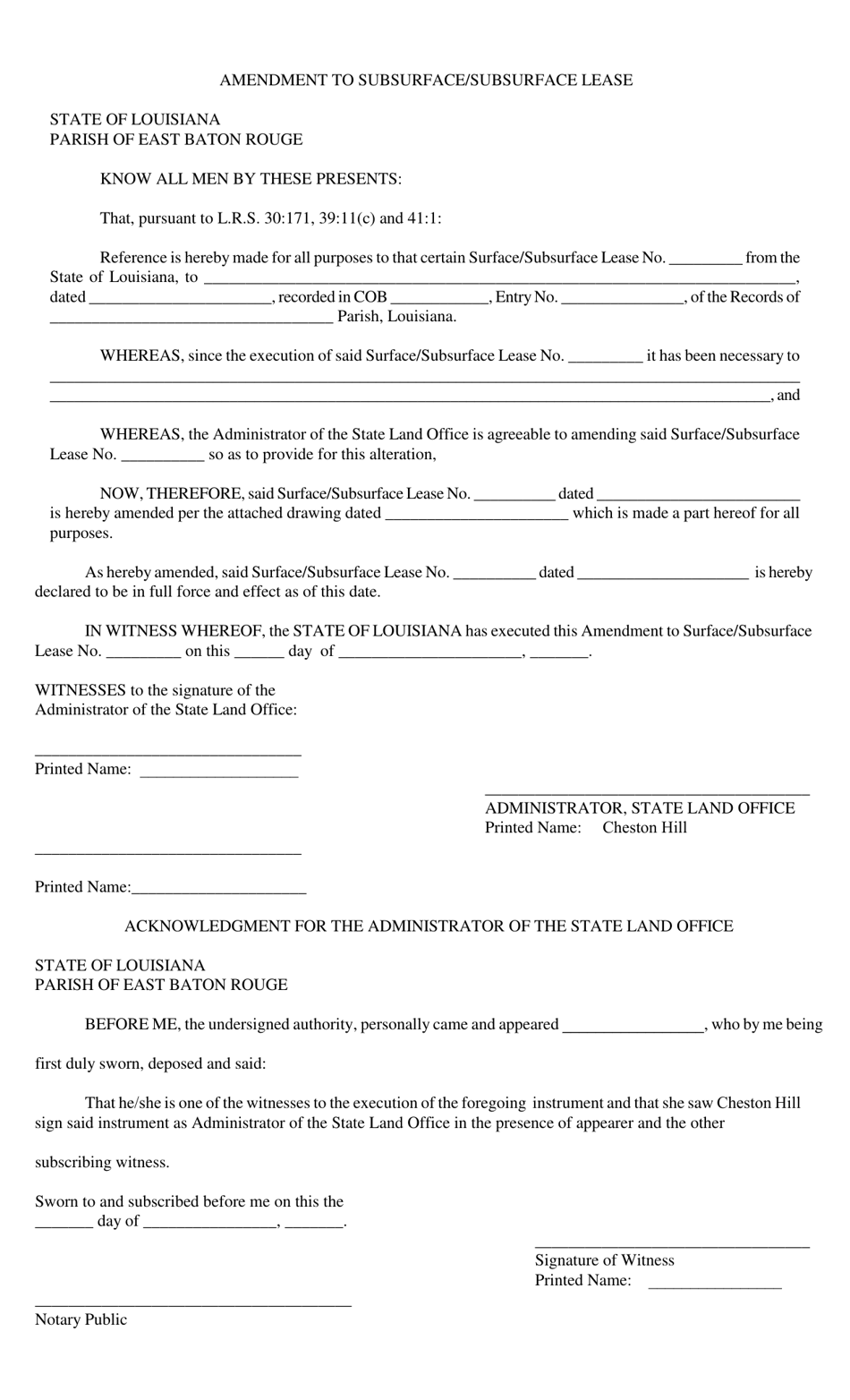 Louisiana Amendment to Subsurface/Subsurface Lease - Fill Out, Sign ...