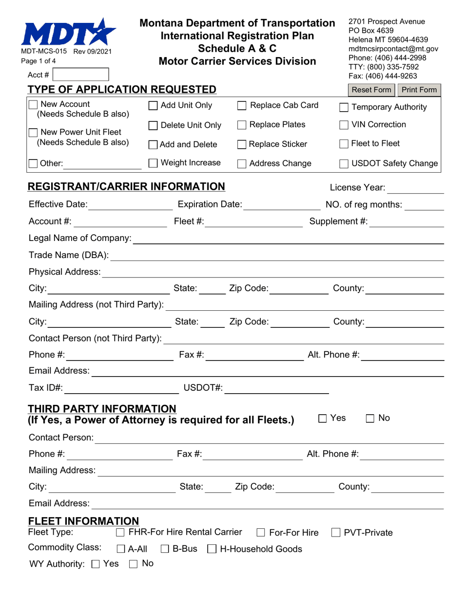 Form MDT-MCS-015 Schedule A  C International Registration Plan - New and Renewed Accounts - Montana, Page 1