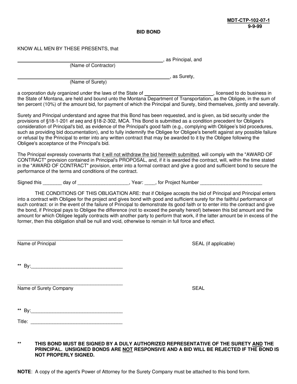 Form MDT-CTP-102-07-1 Bid Bond - Montana, Page 1