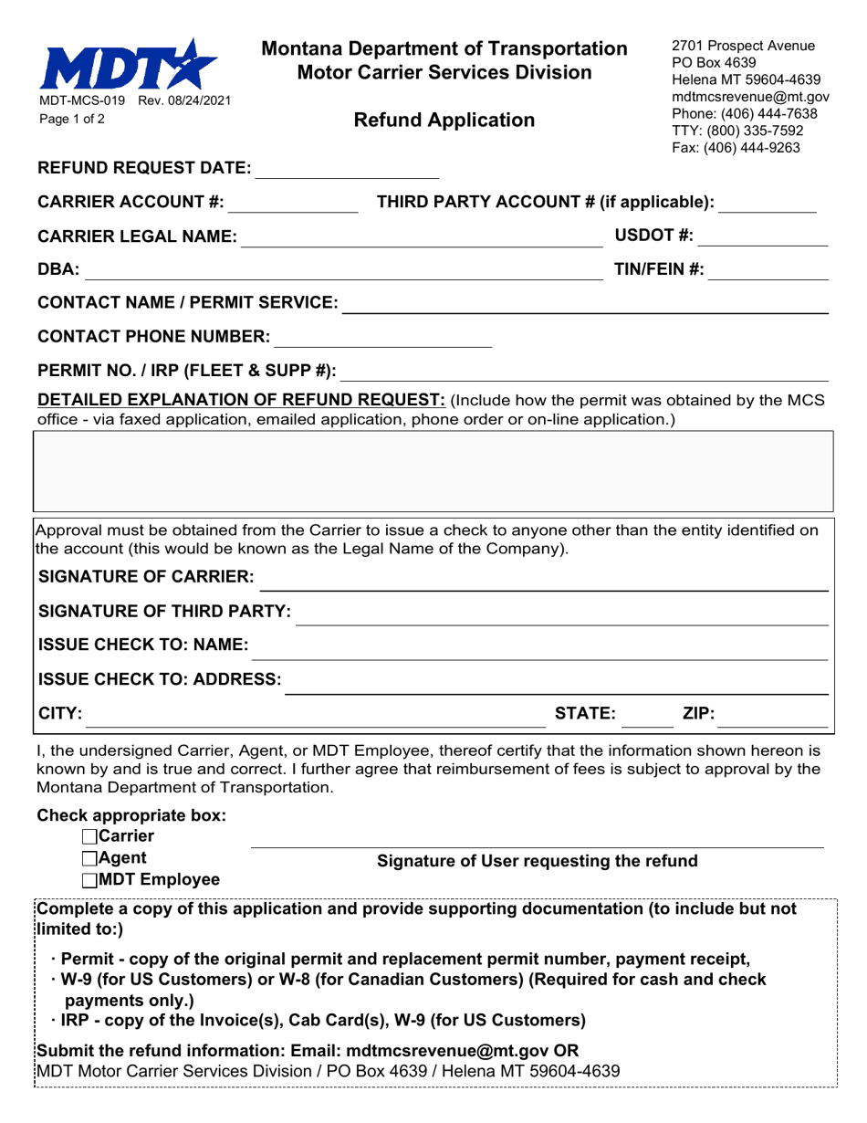 Form MDT-MCS-019 Mdt / Mcs Refund Application - Montana, Page 1