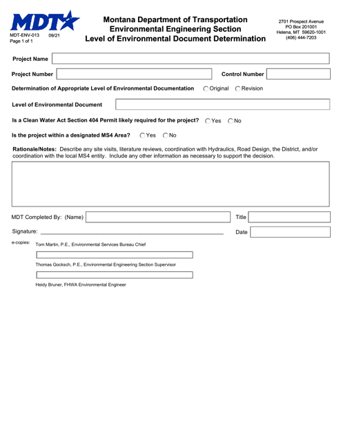 Form MDT-ENV-013 Level of Environmental Document Determination - Montana