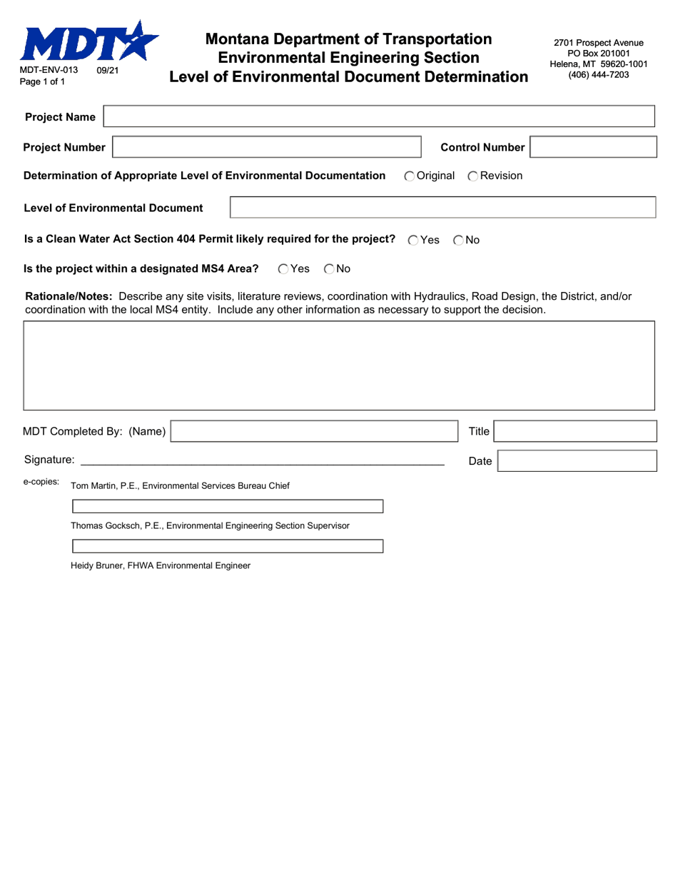 Form MDT-ENV-013 Level of Environmental Document Determination - Montana, Page 1