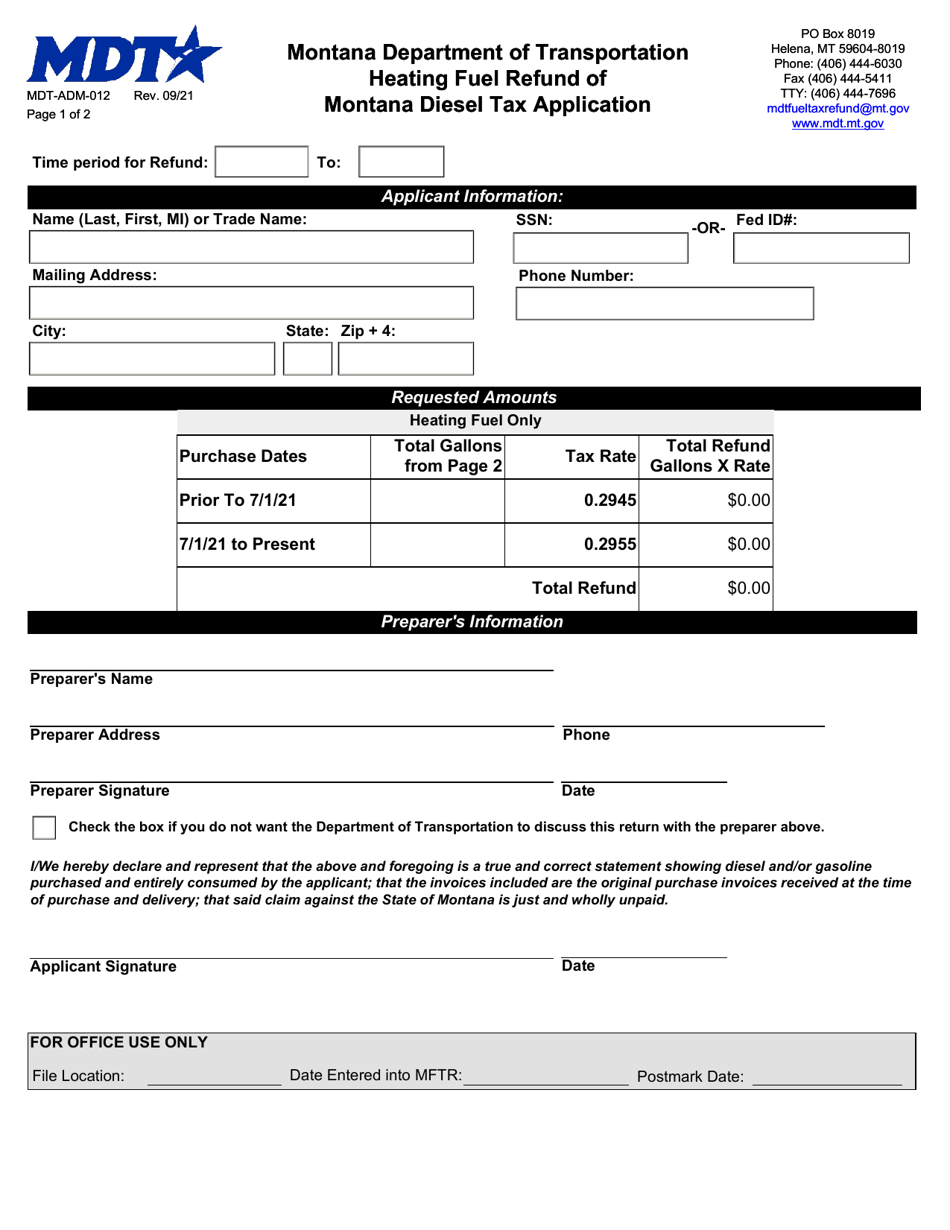 Form MDT-ADM-012 Heating Fuel Refund of Montana Diesel Tax Application - Montana, Page 1