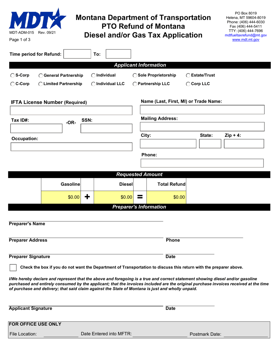 Form MDT-ADM-015 Pto Refund of Montana Diesel and/or Gas Tax Application - Montana, Page 1