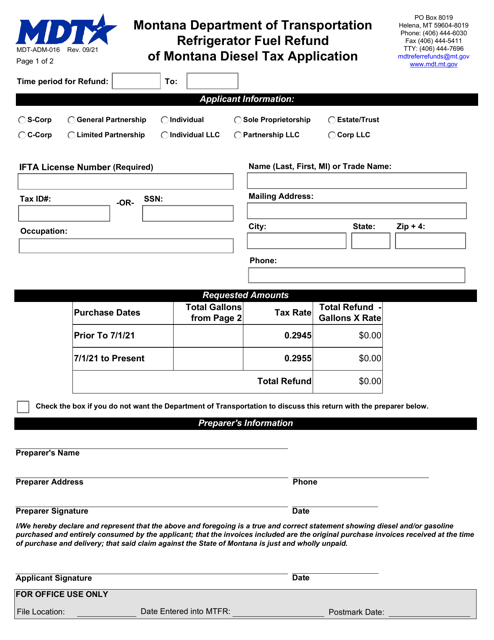 Form MDT-ADM-016 Refrigerator Fuel Refund of Montana Diesel Tax Application - Montana