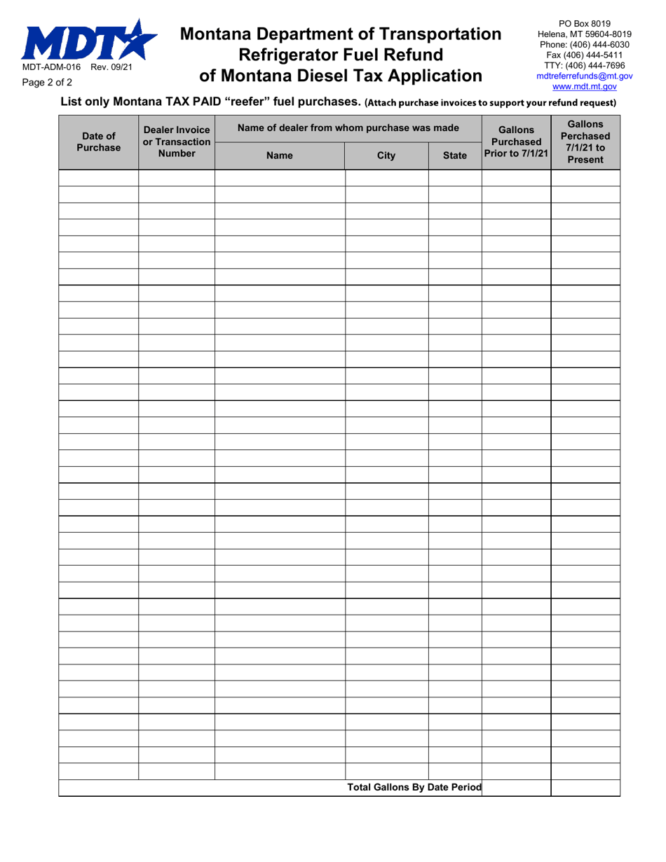 Form MDT-ADM-016 Refrigerator Fuel Refund of Montana Diesel Tax Application - Montana, Page 2