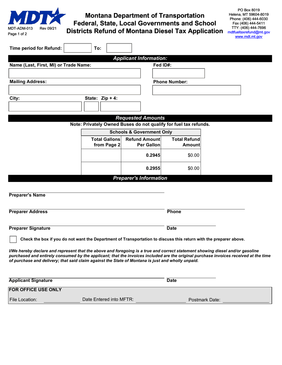Form MDT-ADM-013 Federal, State, Local Governments and School Districts Refund of Montana Diesel Tax Application - Montana, Page 1