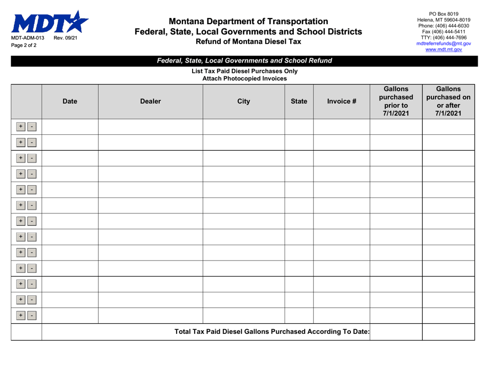 Form MDT-ADM-013 Federal, State, Local Governments and School Districts Refund of Montana Diesel Tax Application - Montana, Page 2