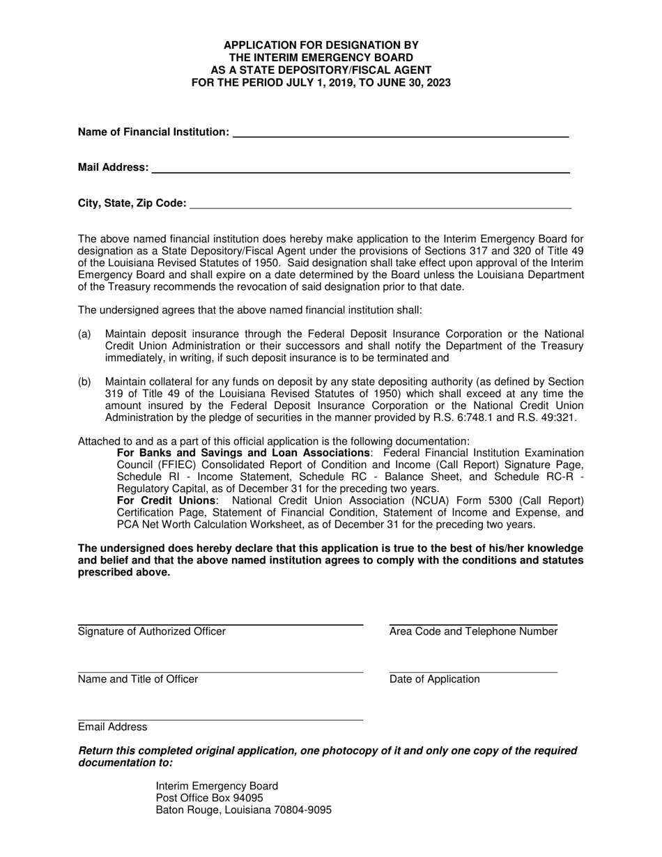 Application for Designation by the Interim Emergency Board as a State Depository / Fiscal Agent - Louisiana, Page 1