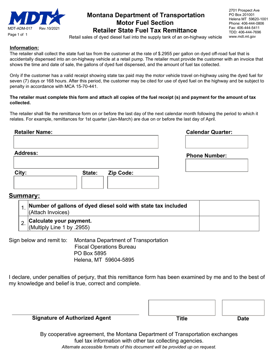 Form MDT-ADM-017 Retailer State Fuel Tax Remittance - Montana, Page 1