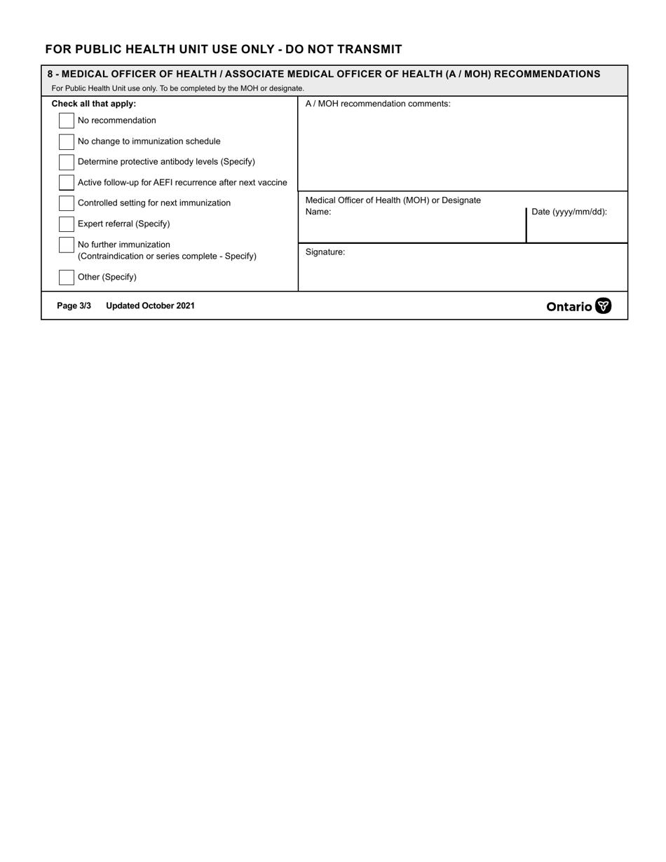 Report of Adverse Event Following Immunization (Aefi) - Ontario, Canada, Page 3