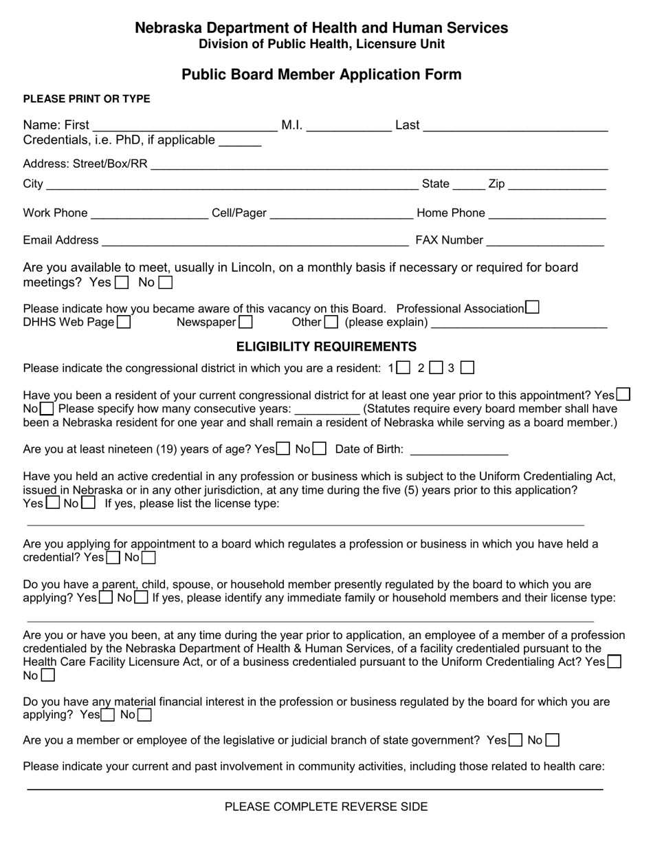 Public Board Member Application Form - Nebraska, Page 1