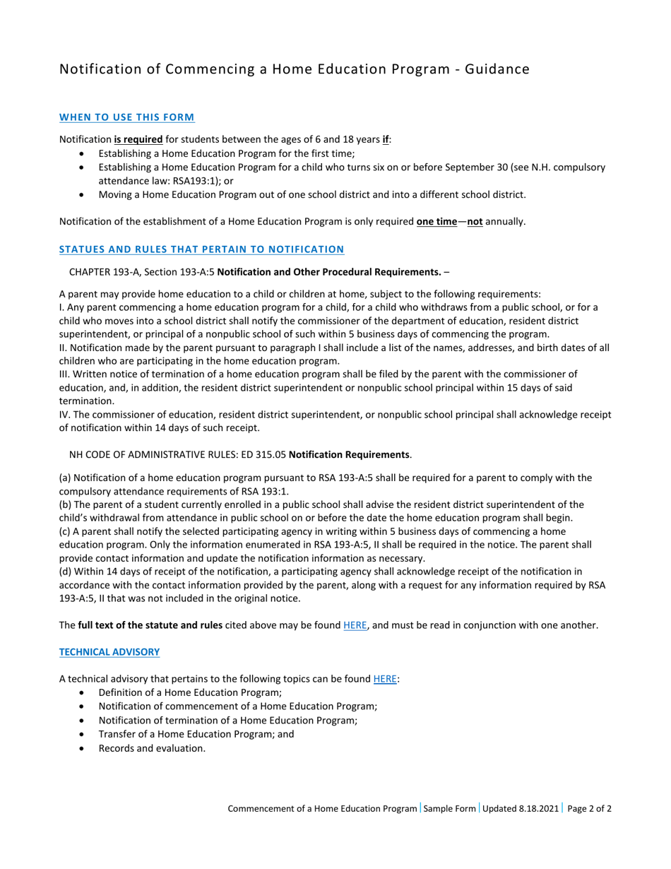 Notification of Commencement of a Home Education Program - New Hampshire, Page 2