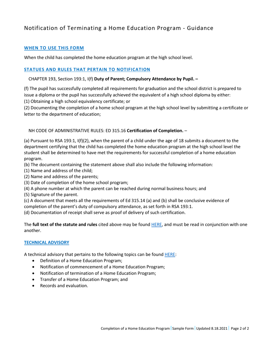 Notification of Completion of a Home Education Program - New Hampshire, Page 2