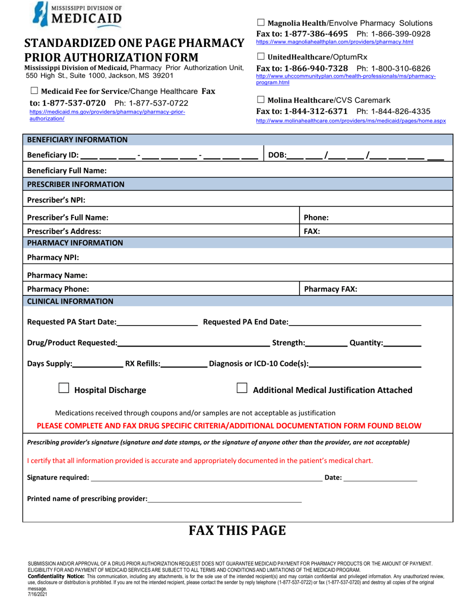 Standardized One Page Pharmacy Prior Authorization Form - Rsv-Synagis - Mississippi, Page 1