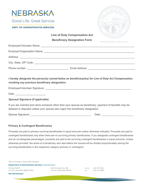 Line of Duty Compensation Act Beneficiary Designation Form - Nebraska Download Pdf