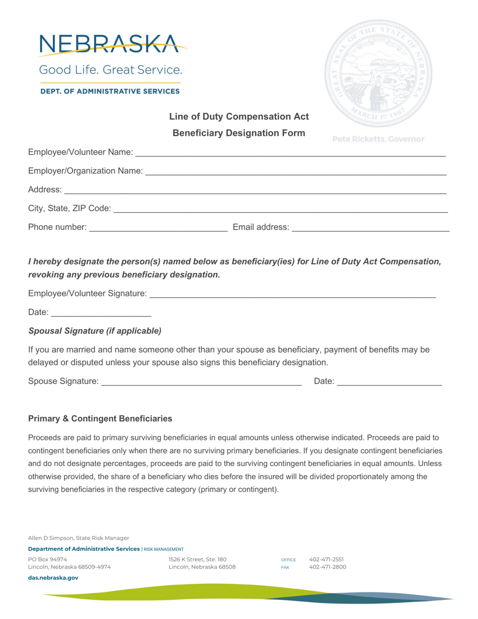 Line of Duty Compensation Act Beneficiary Designation Form - Nebraska, Page 1