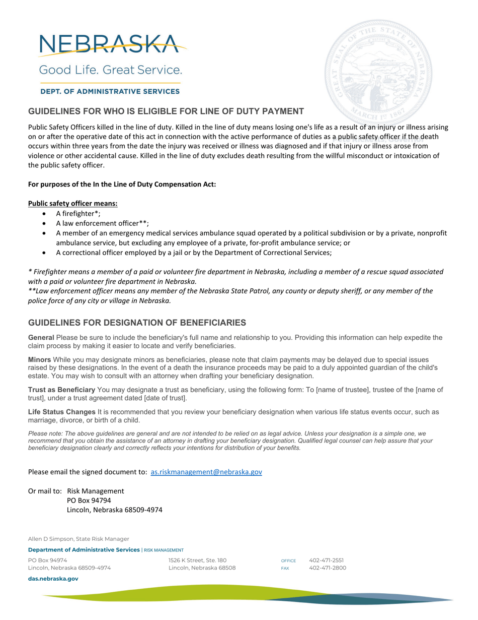 Line of Duty Compensation Act Beneficiary Designation Form - Nebraska, Page 3